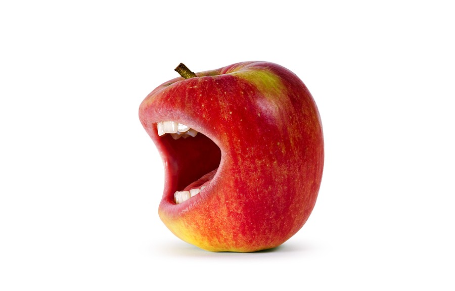 angry red apple, apple with a mouth, bite of an apple