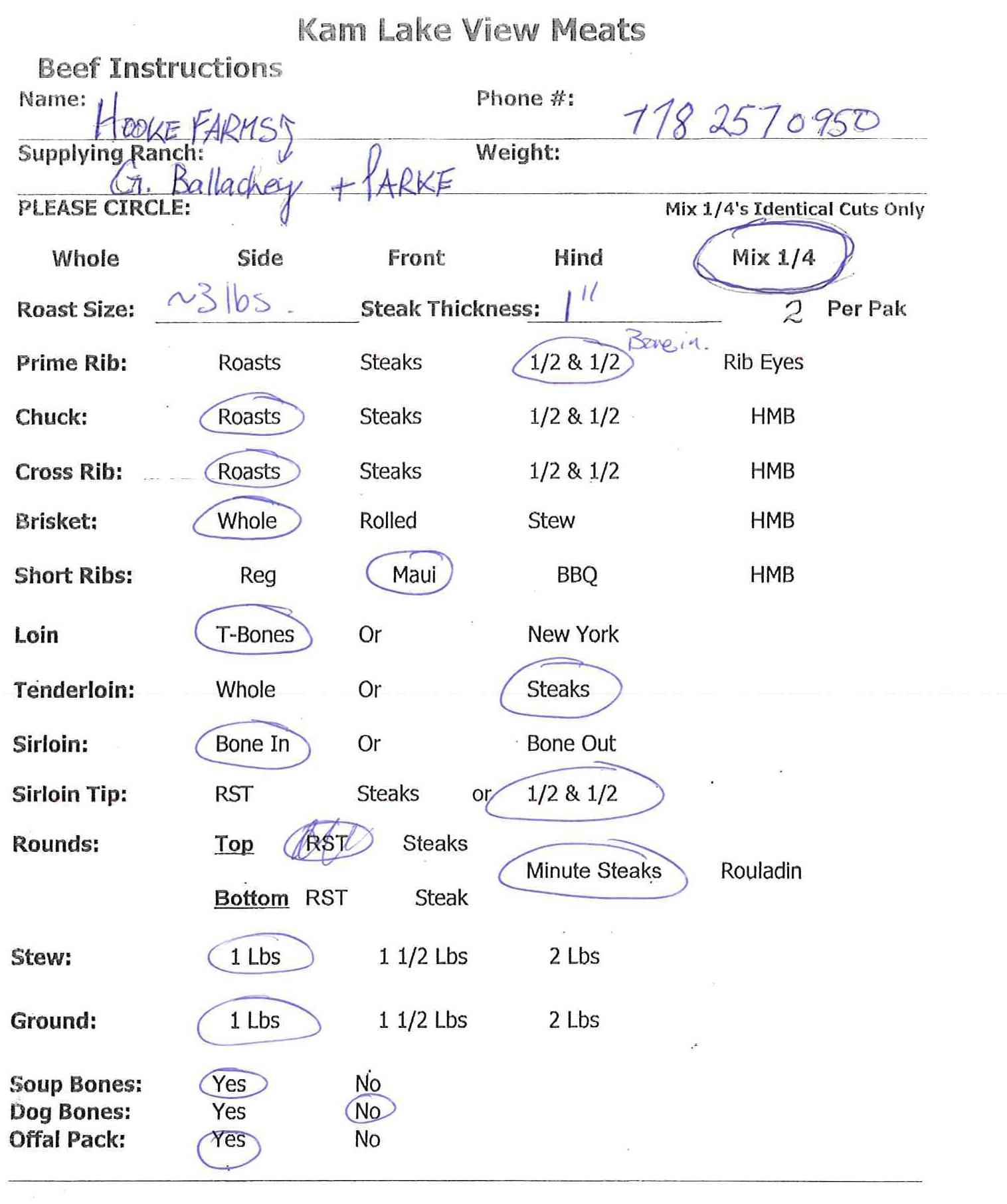 grass fed beef, beef order, cutting list, cutting instructions