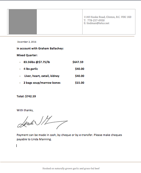 beef, beef order, quarter cow, quarter steer, bulk order, invoice